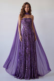 Strapless A-lijn paarse chiffon lange formele jurk met halsdoek