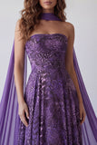 Strapless A-lijn paarse chiffon lange formele jurk met halsdoek
