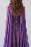 Strapless A-lijn paarse chiffon lange formele jurk met halsdoek