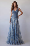 A-lijn stoffige blauwe V-hals chiffon lange formele jurk met bloemen