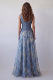 A-lijn stoffige blauwe V-hals chiffon lange formele jurk met bloemen