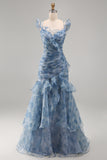 Zeemeermin Stoffige Blauwe Chiffon Lange Formele Jurk met bloemen en ruches