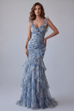 Zeemeermin Stoffige Blauwe Chiffon Lange Formele Jurk met bloemen en ruches