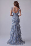 Zeemeermin Stoffige Blauwe Chiffon Lange Formele Jurk met bloemen en ruches