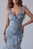 Zeemeermin Stoffige Blauwe Chiffon Lange Formele Jurk met bloemen en ruches