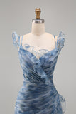 Zeemeermin Stoffige Blauwe Chiffon Lange Formele Jurk met bloemen en ruches