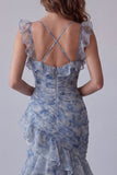 Zeemeermin Stoffige Blauwe Chiffon Lange Formele Jurk met bloemen en ruches