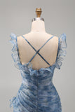 Zeemeermin Stoffige Blauwe Chiffon Lange Formele Jurk met bloemen en ruches