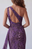 Zeemeermin Eenschouder paarse chiffon lange formele jurk met sjerp