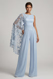 Hemelsblauwe bloemen boothals lange Mother of the Bride jumpsuits met zijcape