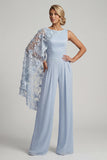Hemelsblauwe bloemen boothals lange Mother of the Bride jumpsuits met zijcape