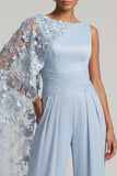 Hemelsblauwe bloemen boothals lange Mother of the Bride jumpsuits met zijcape