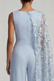 Hemelsblauwe bloemen boothals lange Mother of the Bride jumpsuits met zijcape