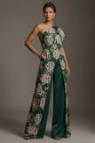 Donkergroene bloemen Mother of the Bride jumpsuits met één schouderlange overalls met zakken