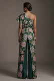 Donkergroene bloemen Mother of the Bride jumpsuits met één schouderlange overalls met zakken
