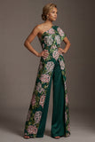 Donkergroene bloemen Mother of the Bride jumpsuits met één schouderlange overalls met zakken