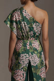 Donkergroene bloemen Mother of the Bride jumpsuits met één schouderlange overalls met zakken