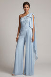 Met gerimpelde eenschouders hemelsblauwe bloemen lange Mother of the Bride jumpsuits met kant kanten