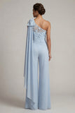 Met gerimpelde eenschouders hemelsblauwe bloemen lange Mother of the Bride jumpsuits met kant kanten