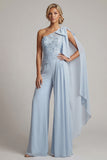 Met gerimpelde eenschouders hemelsblauwe bloemen lange Mother of the Bride jumpsuits met kant kanten