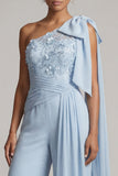 Met gerimpelde eenschouders hemelsblauwe bloemen lange Mother of the Bride jumpsuits met kant kanten