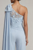 Met gerimpelde eenschouders hemelsblauwe bloemen lange Mother of the Bride jumpsuits met kant kanten