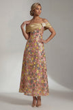 Glittergele lange off-shoulder A-lijn moeder van de bruid jurk met 3D-bloem