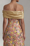 Glittergele lange off-shoulder A-lijn moeder van de bruid jurk met 3D-bloem