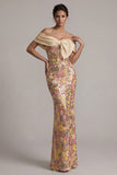 Off-the-shoulder bloemenzeemeermin glinsterend geel lange moeder van de bruid jurk met strik