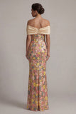 Off-the-shoulder bloemenzeemeermin glinsterend geel lange moeder van de bruid jurk met strik
