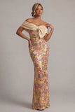 Off-the-shoulder bloemenzeemeermin glinsterend geel lange moeder van de bruid jurk met strik