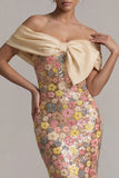 Off-the-shoulder bloemenzeemeermin glinsterend geel lange moeder van de bruid jurk met strik