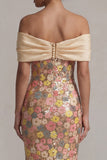 Off-the-shoulder bloemenzeemeermin glinsterend geel lange moeder van de bruid jurk met strik