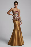 Strapless bloemenzeemeermin glinsterend goud lange moeder van de bruid jurk met pailletten