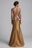 Strapless bloemenzeemeermin glinsterend goud lange moeder van de bruid jurk met pailletten