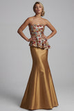 Strapless bloemenzeemeermin glinsterend goud lange moeder van de bruid jurk met pailletten
