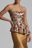 Strapless bloemenzeemeermin glinsterend goud lange moeder van de bruid jurk met pailletten