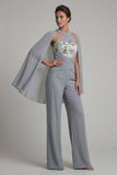 Grijsblauw geappliqueerd halter Mother of the Bride Jumpsuit met Cape