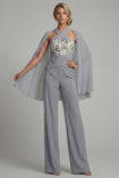 Grijsblauw geappliqueerd halter Mother of the Bride Jumpsuit met Cape