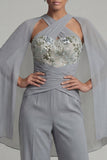 Grijsblauw geappliqueerd halter Mother of the Bride Jumpsuit met Cape