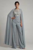 Grijsblauw geappliqueerd ronde hals Mother of the Bride Jumpsuit met cape