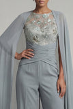 Grijsblauw geappliqueerd ronde hals Mother of the Bride Jumpsuit met cape