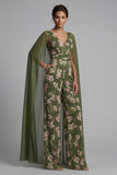 Eucalyptus V-hals bloemenoverall van de moeder van de bruid jumpsuit met cape