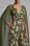 Eucalyptus V-hals bloemenoverall van de moeder van de bruid jumpsuit met cape