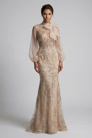 Champagen High Neck Zeemeermin met appliquatie Moeder van de Bruid Jurk met strik