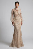 Champagen High Neck Zeemeermin met appliquatie Moeder van de Bruid Jurk met strik