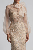 Champagen High Neck Zeemeermin met appliquatie Moeder van de Bruid Jurk met strik