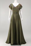 Olive appliqued V-hals Mother of the Bride jumpsuit met fladderende mouwen
