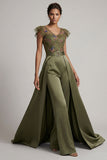 Olive appliqued V-hals Mother of the Bride jumpsuit met fladderende mouwen