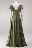 Olive appliqued V-hals Mother of the Bride jumpsuit met fladderende mouwen